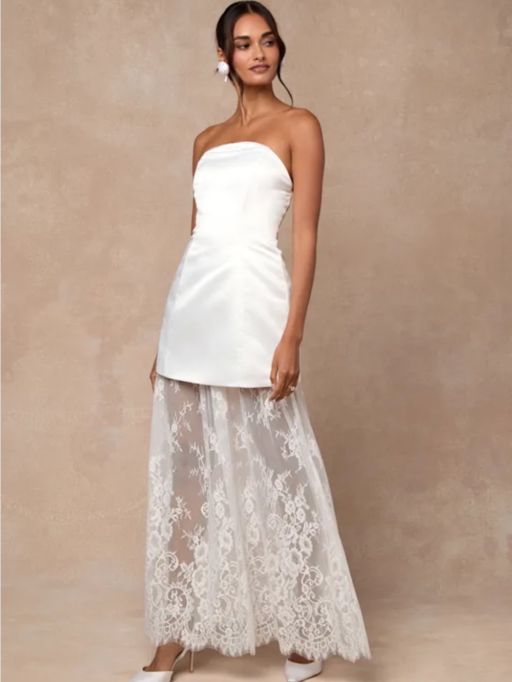 Lulu's Ivory Strapless Satin Mini Dress with Lace Overlay Gown